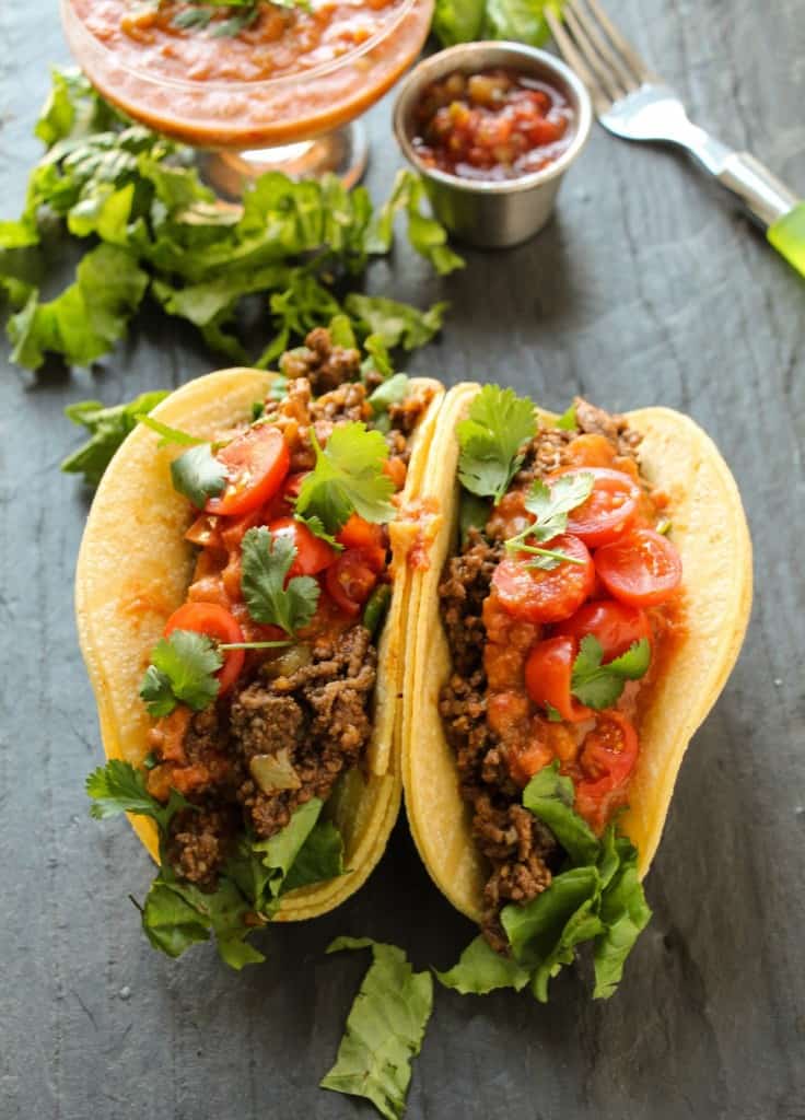 Ground Beef Tacos with Loaded Refried Bean Sauce Layers