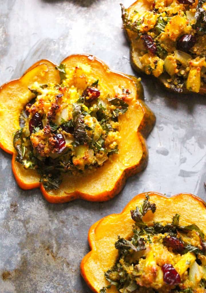 Vegetarian stuffed acorn squash with quinoa and kale