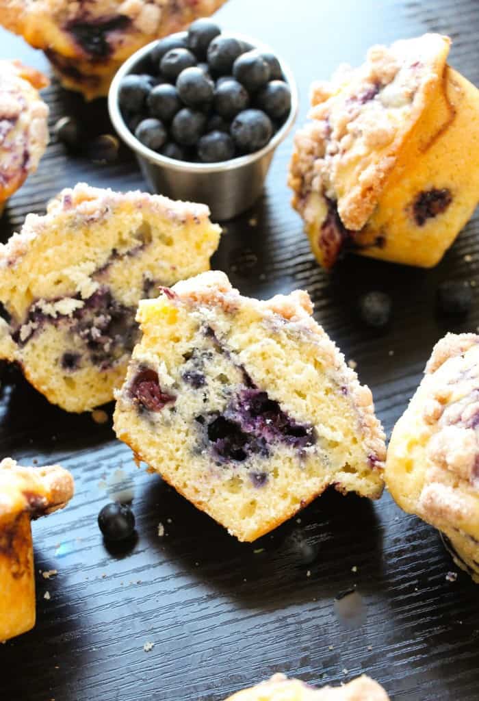 Blueberry jam muffin cut in half