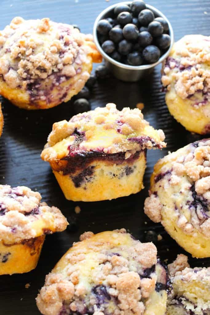 Blueberry jam muffins with a streusel topping