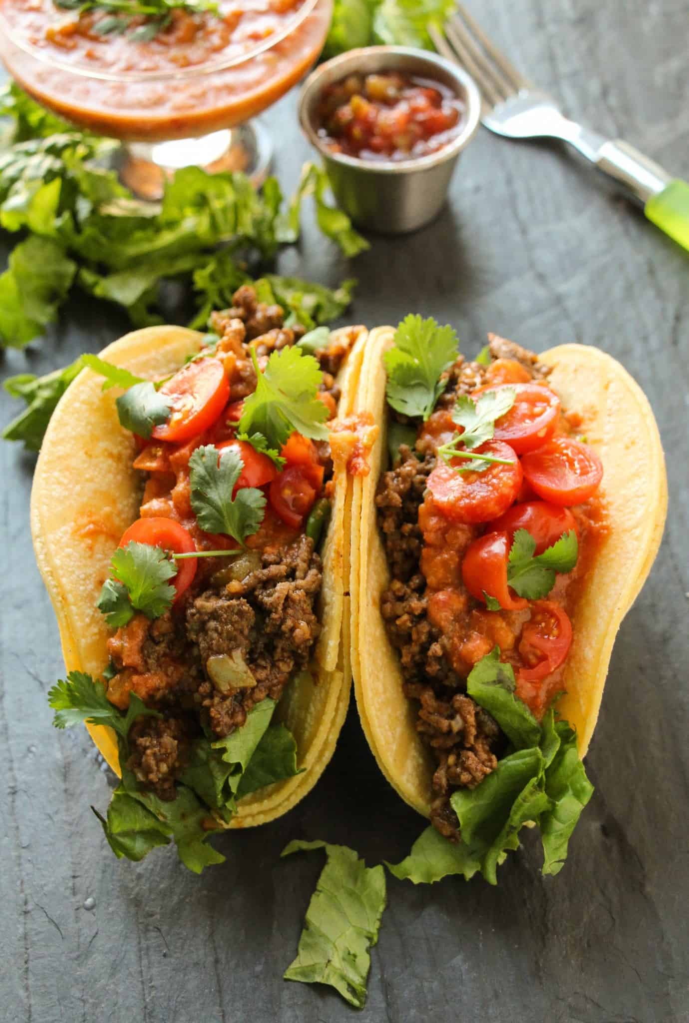 Ground Beef Tacos with Loaded Refried Bean Sauce - Layers of Happiness