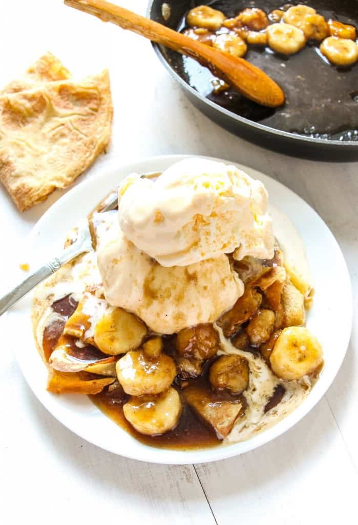 Banana foster recipe with ice cream and homemade crepes