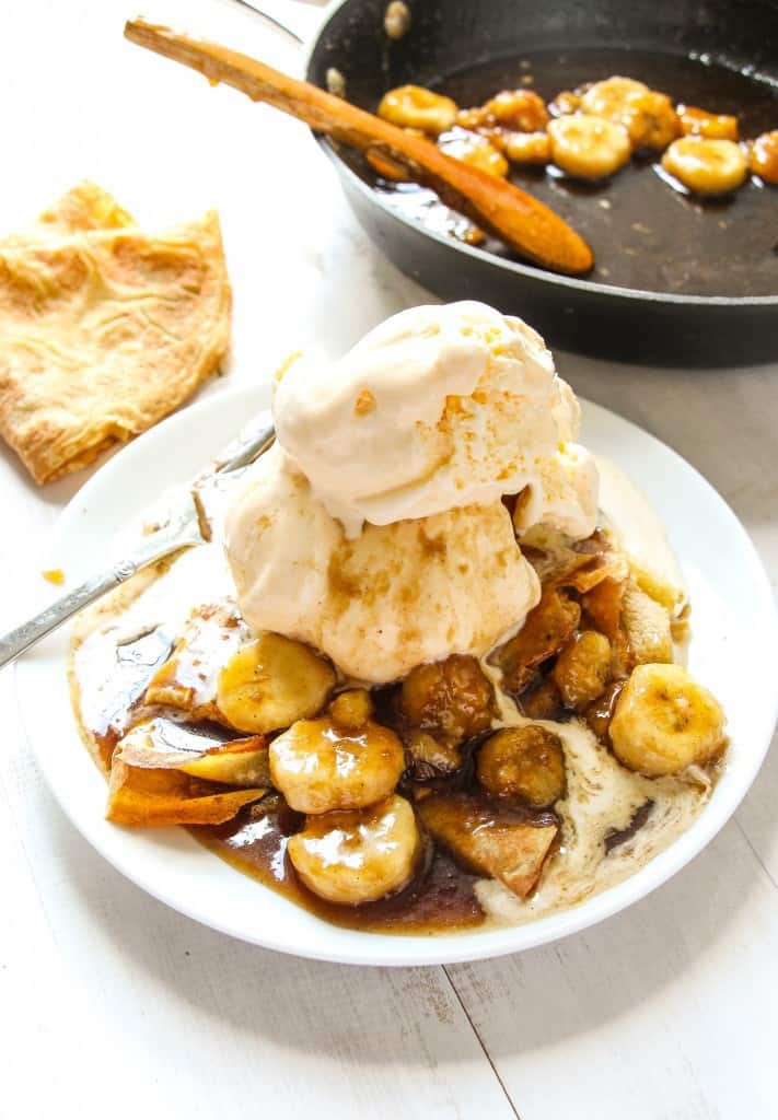 Banana foster recipe with ice cream and homemade crepes