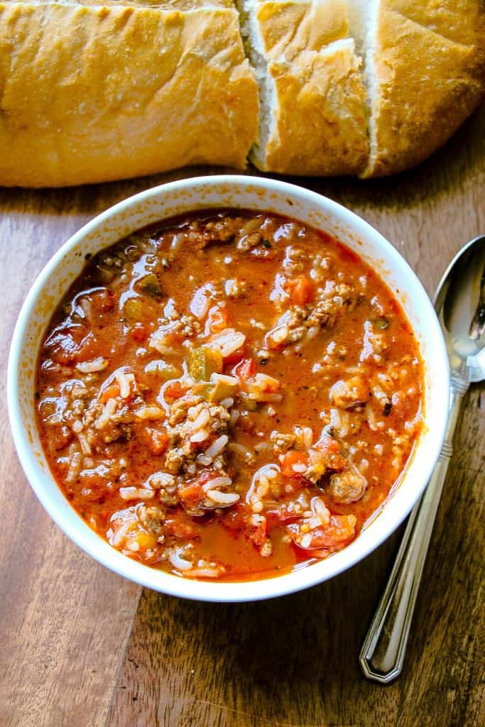 Stuffed Pepper Soup served with homemade bread