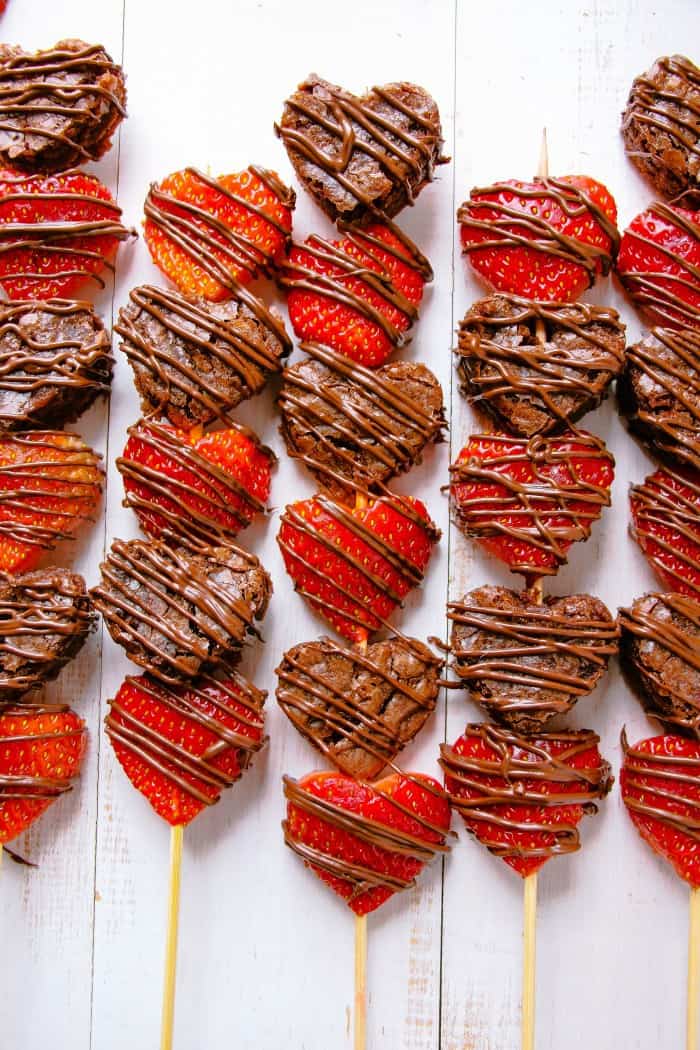 Strawberry brownie kebabs drizzled with chocolate