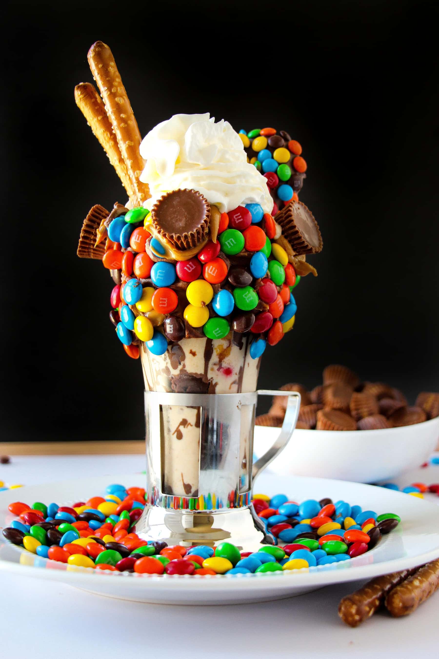 Black Tap Milkshake with M&M's, peanut butter cups, and pretzels