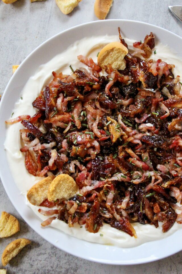 Whipped goat cheese with bacon and dates served with bread