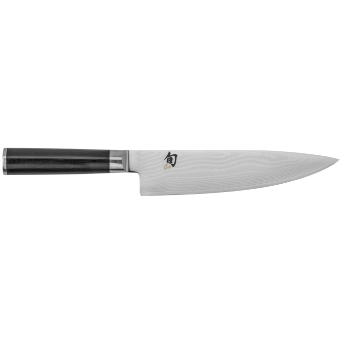 A silver kitchen knife with a blank handle