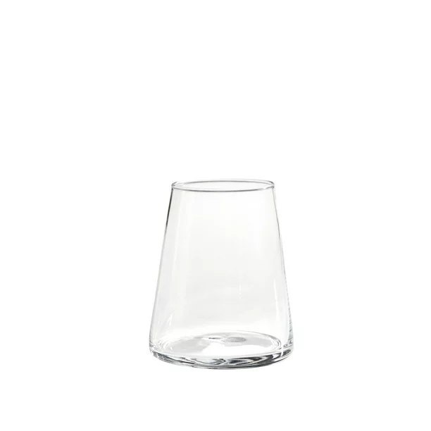 A clear stemless wine glass