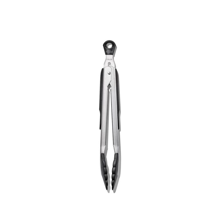 A pair of silver tongs with a black grip
