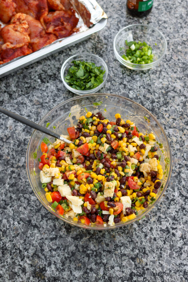 Corn Salsa with black beans and white cheddar to serve with BBQ Chicken thighs
