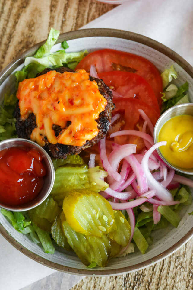 Close up on the burger salad