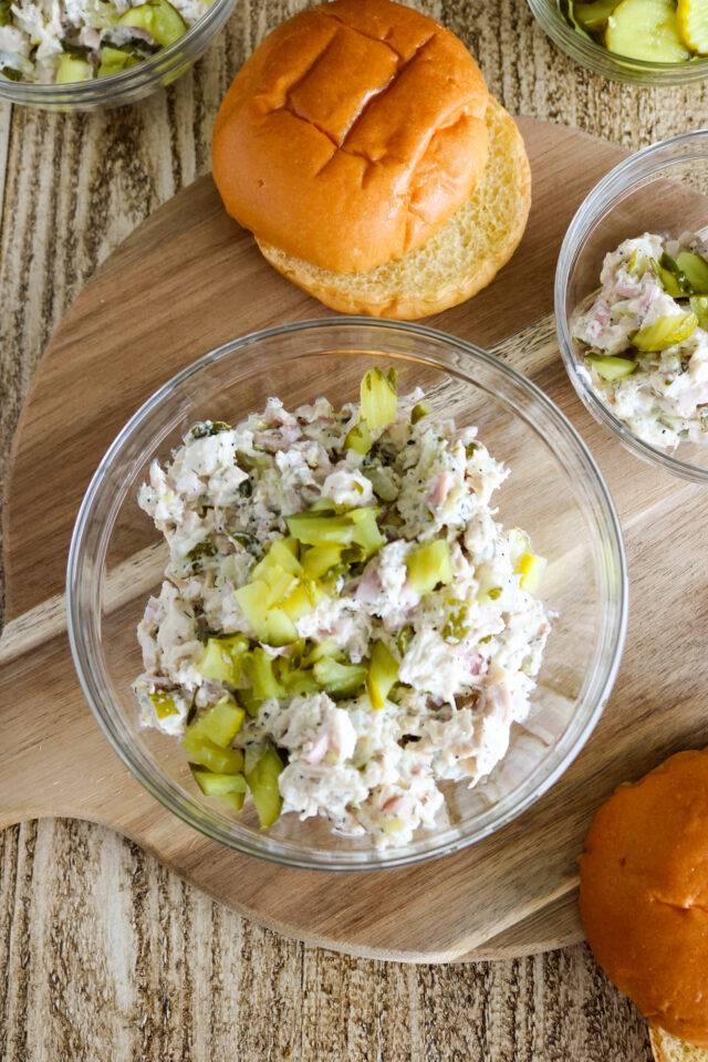 Close up photo of dill pickle chicken salad with diced pickles