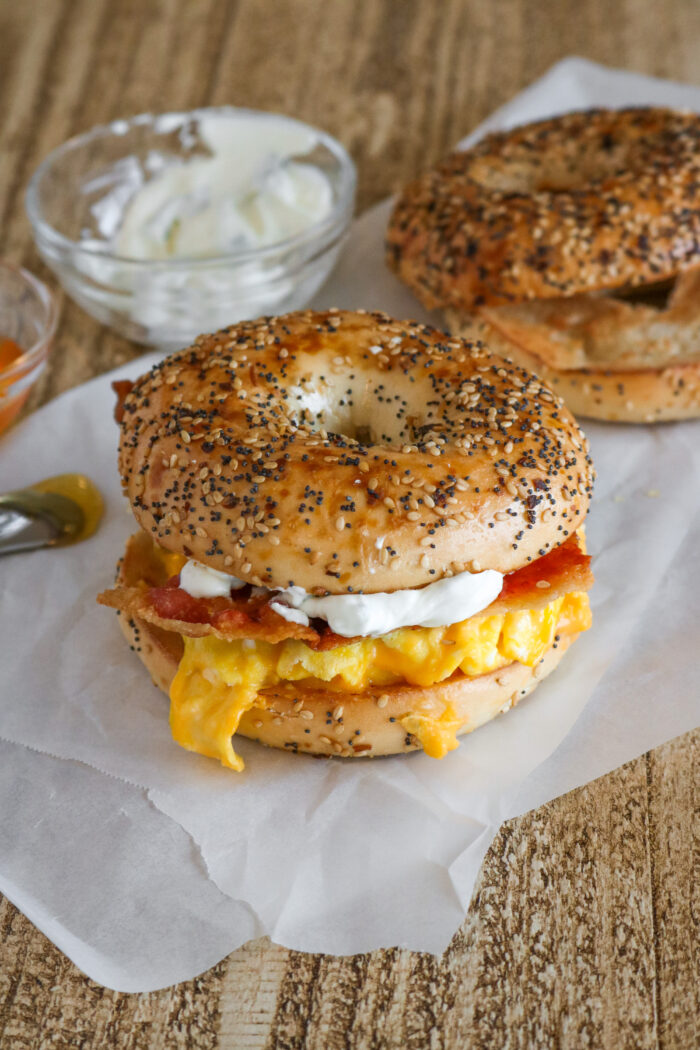 Side photo of the everything bagel breakfast sandwich