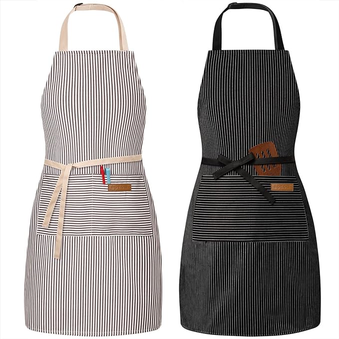 A black striped apron and a gray stripped apron