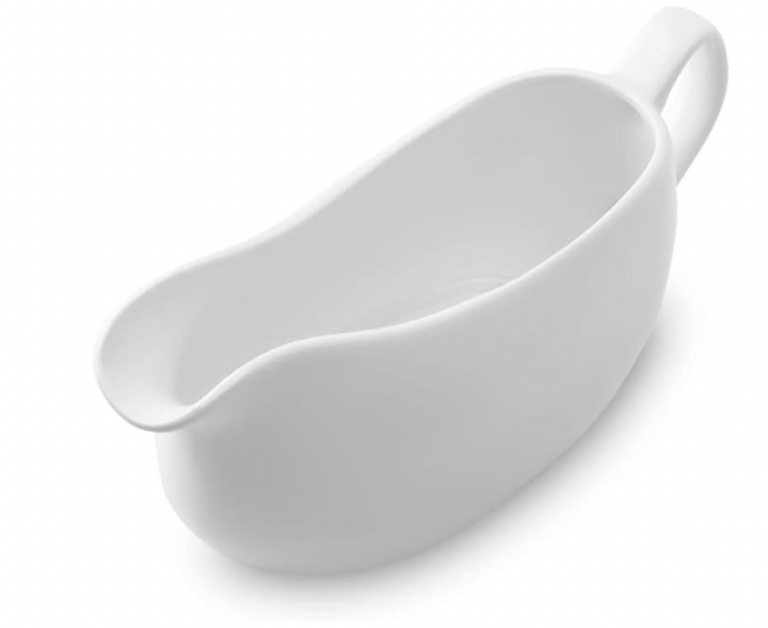 A white gravy boat with a handle