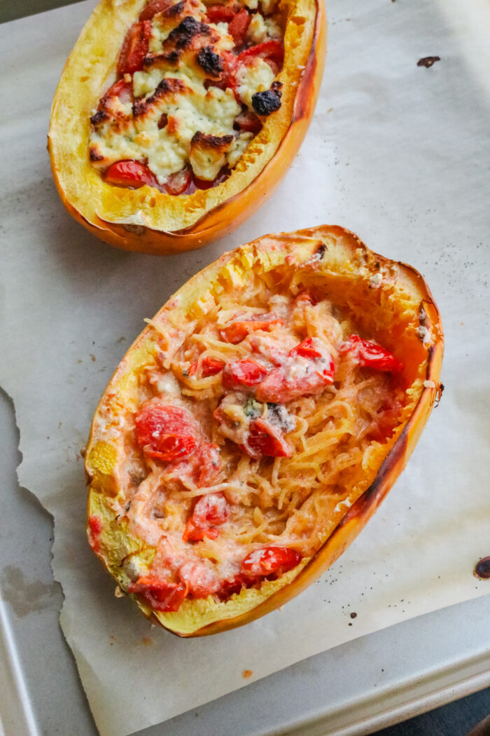 Baked Boursin Spaghetti Squash boats mixed into a pasta