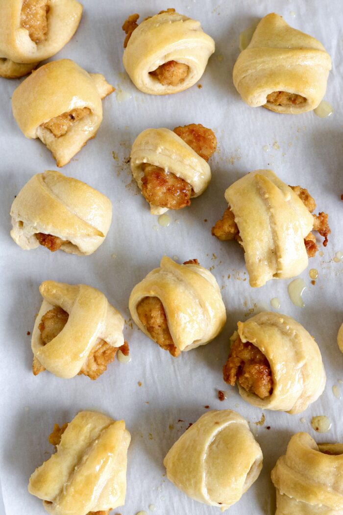 Chicken nuggets on a blanket on a sheet pan