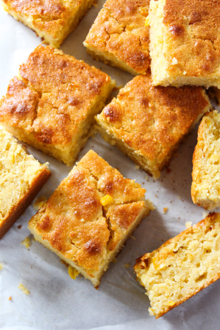 overhead photo of Cornbread with Creamed Corn and Jiffy Mix cut into pieces