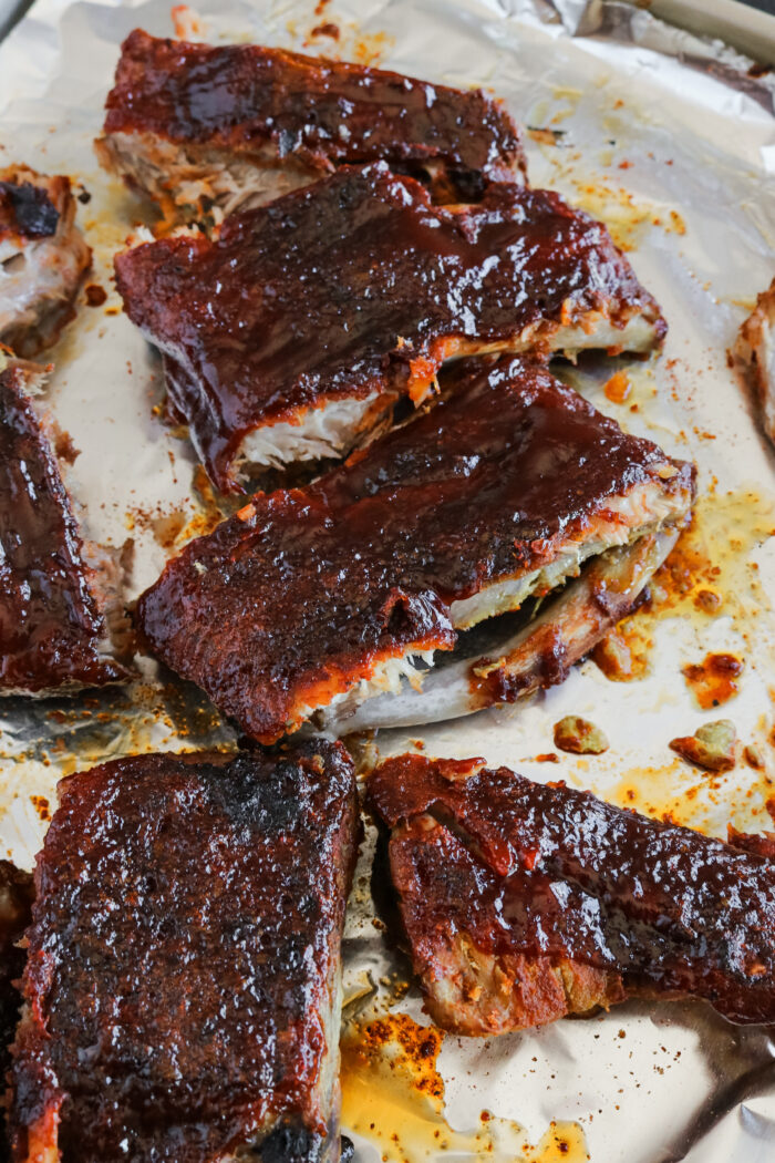 Easy slow cooker ribs recipe on a baking sheet